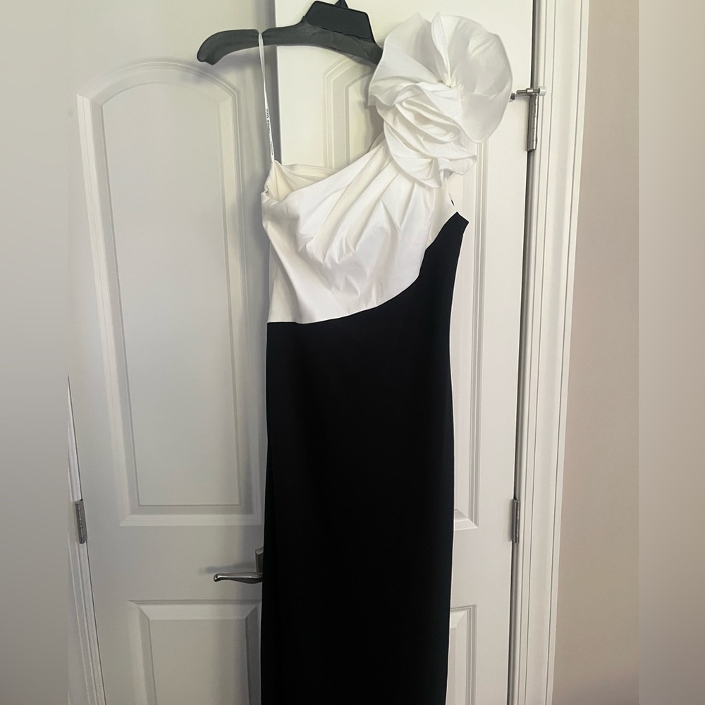 Tadashi Shoji Black and White Asymmetrical One Shoulder Gown